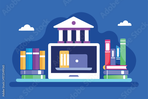 This artwork showcases a virtual library with colorful books and a computer set against a blue backdrop, A minimalist representation of a virtual library or e-learning hub