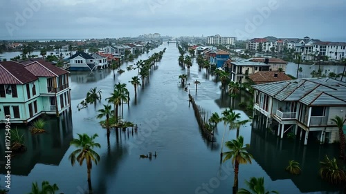 Devastating floodwaters inundate homes in coastal neighborhood, creating a surreal landscape of submerged streets