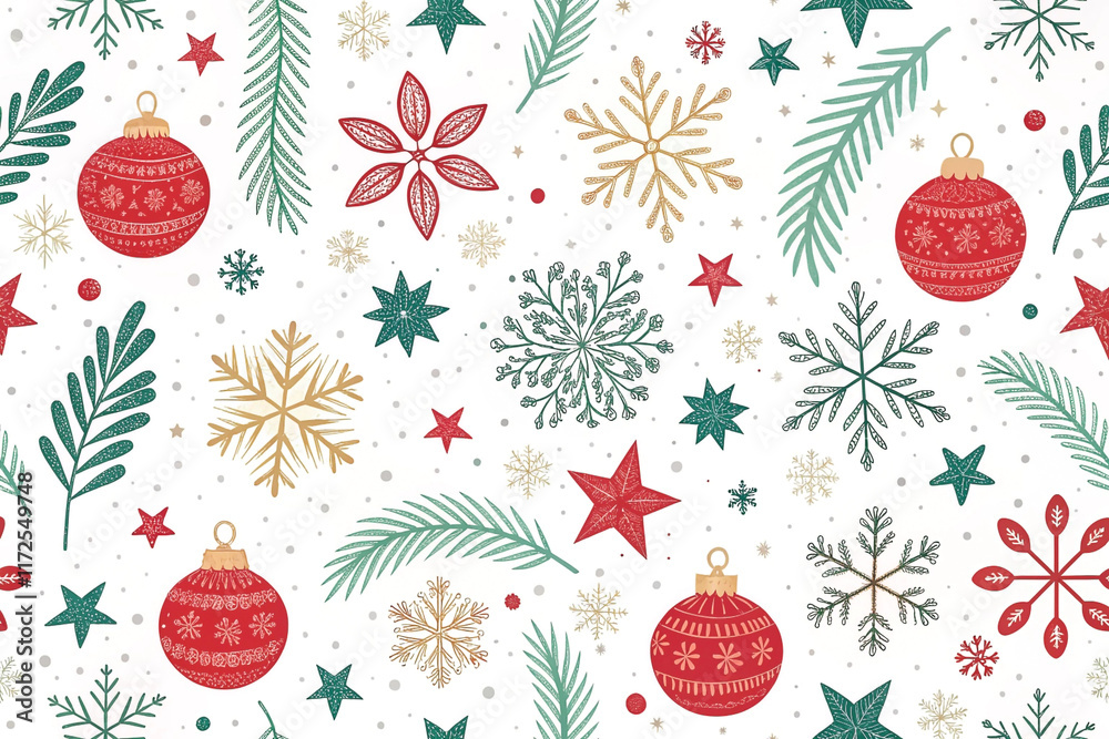 Festive Christmas seamless pattern with ornaments, snowflakes, stars, and pine. Festive Christmas seamless pattern with ornaments, snowflakes, stars, and pine.