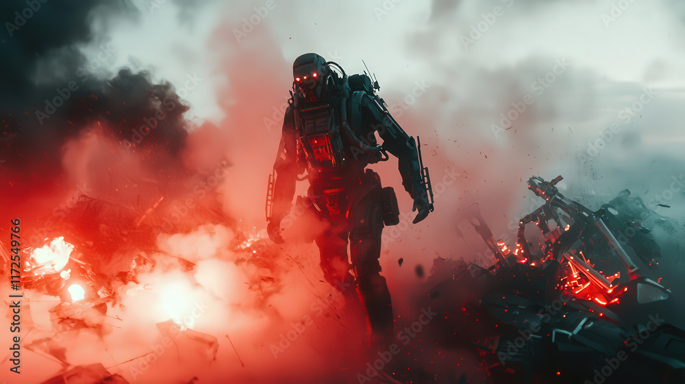 Fototapeta premium A mech pilot emerges from their towering machine on a chaotic battlefield, surrounded by smoke and glowing remnants of destroyed robots. The scene captures the intensity and aftermath of combat.