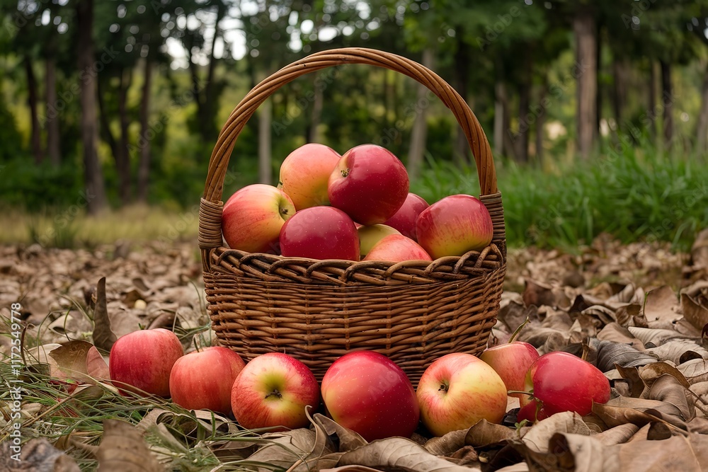 A photo of a basket filled with wild ripe red apples A photo of a basket filled with wild ripe red apples