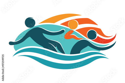 This design showcases swimmers engaging in a recreational activity in a vibrant aquatic setting, A minimalistic icon that represents a swimming team, minimalist simple modern vector logo design