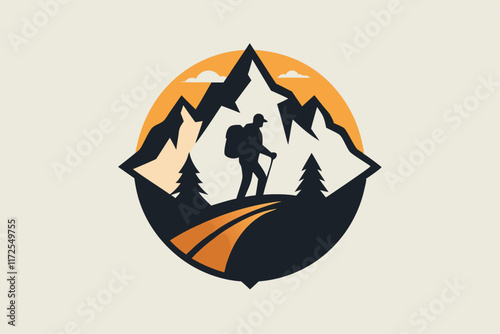 This logo showcases a hiker ascending a stylized mountain path under a warm sunset sky, A minimalistic logo design incorporating a mountain for a hiking trip planner