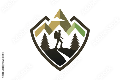 A logo showcases a hiker in a serene landscape, surrounded by mountains and tall trees, inviting adventure, A minimalistic logo design incorporating a mountain for a hiking trip planner photo