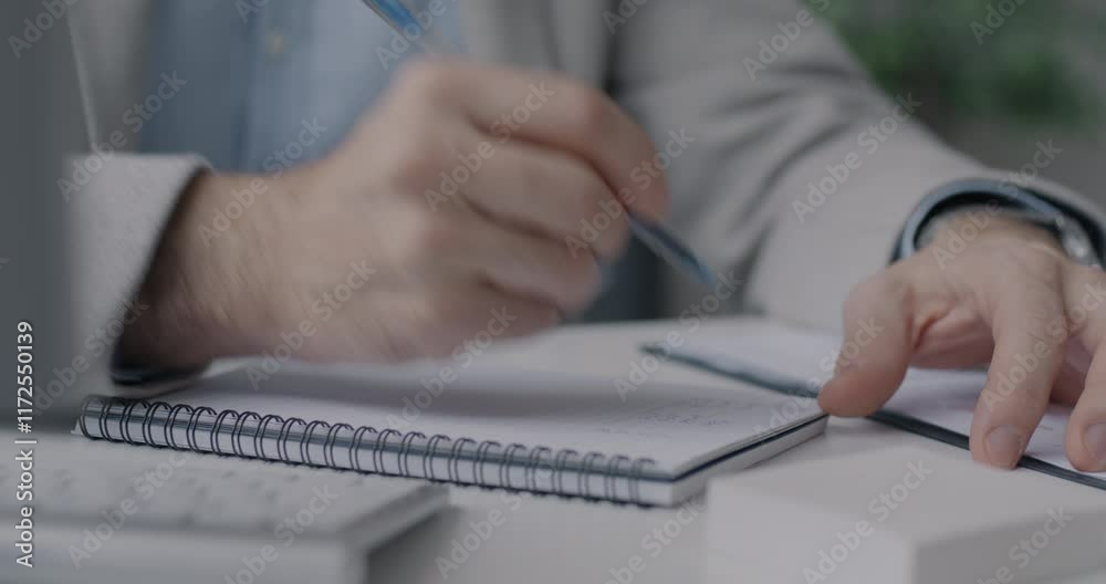 Close-up of male hands writing in notebook while businessman working at desk in office. Business planning and professional occupation concept. Close-up of male hands writing in notebook while businessman working at desk in office. Business planning and professional occupation concept.