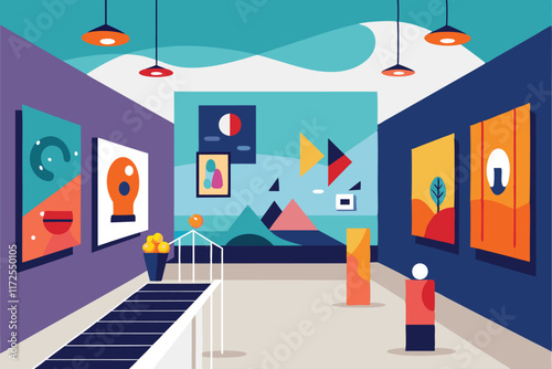 Visitors explore a modern art gallery filled with colorful contemporary artworks on display in a spacious layout, A modern art gallery showcasing cutting-edge exhibitions and installations