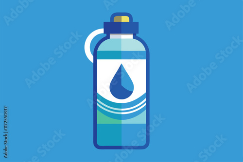 A sleek, contemporary water bottle features a blue droplet against a bright blue backdrop, symbolizing hydration, A modern interpretation of a water bottle to signify hydration and wellness