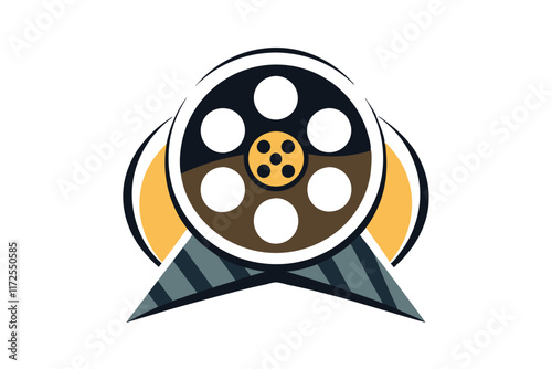 This artwork features a contemporary interpretation of a classic film reel, showcasing vibrant colors, A modern take on traditional film reel imagery, minimalist simple modern vector logo design