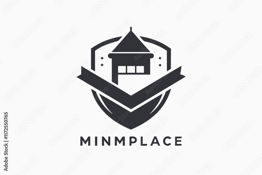 Fototapeta premium Monochromatic logo featuring a digital shield design with a house illustration, A monochromatic logo representing a digital marketplace, minimalist simple modern vector logo design