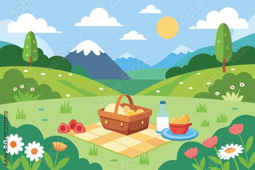 A group of friends shares a delightful picnic on a sunny day in a lush meadow with scenic mountain views, A peaceful scene of a picnic in a meadow with wildflowers
