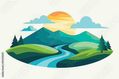 Gentle hills cradle a calm river as the sun sets, casting a warm glow over the peaceful landscape, A serene landscape with rolling hills and a calm river, minimalist simple modern vector logo design