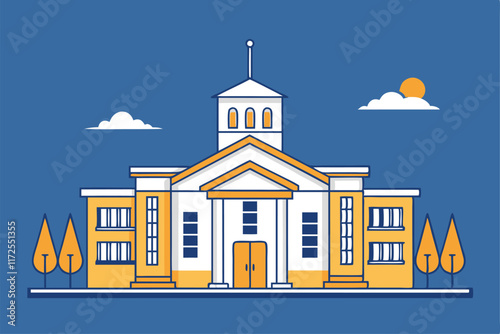 A minimalist design showcasing a classic building surrounded by stylized trees and a colorful evening sky, A series of lines forming a minimalist depiction of a school building