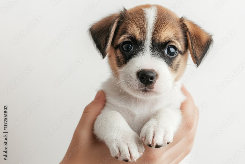 Cute puppy held gently in hands, showcasing its playful expressi Cute puppy held gently in hands, showcasing its playful expressi