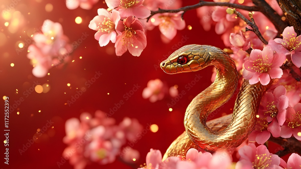 Snake with blossoms Year of the Snake 2025 Chinese New Year banner with a golden snake among cherry blossoms, red background, gold accents Snake with blossoms Year of the Snake 2025 Chinese New Year banner with a golden snake among cherry blossoms, red background, gold accents