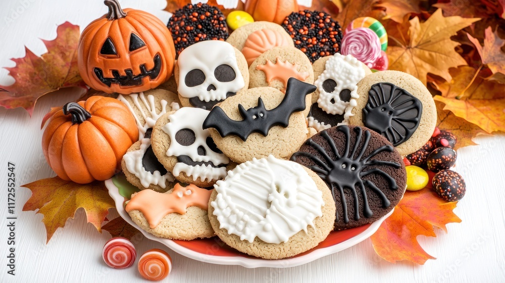 A festive assortment of Halloween-themed cookies and decorations. A festive assortment of Halloween-themed cookies and decorations.