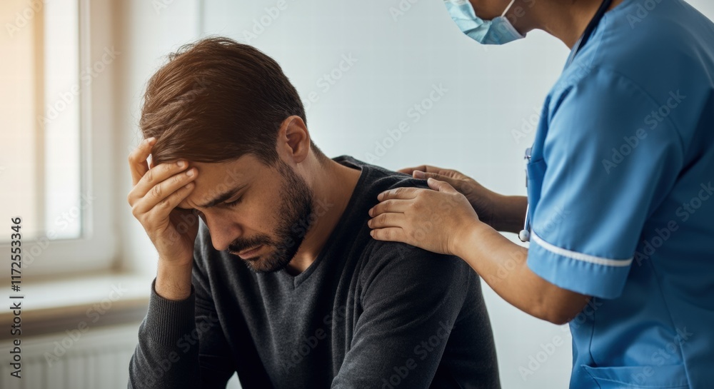 Concerned male adult comforted by nurse in hospital setting Concerned male adult comforted by nurse in hospital setting