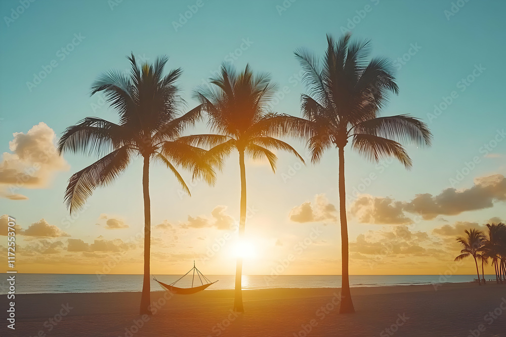 Obraz premium Tropical Sunrise Beach Hammock Illustration