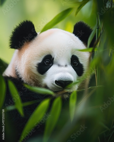 A close-up of a panda peeking through green bamboo leaves in a natural setting.