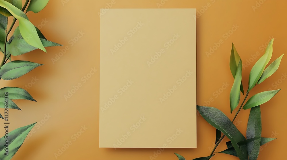 Fototapeta premium Blank Beige Card Framed by Lush Green Leaves