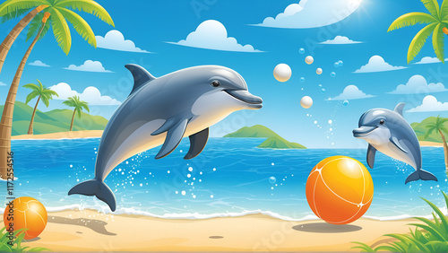 Two dolphins, one ball: A playful cartoon scene, bouncing ball fun with two cartoon dolphins on sunny day illustration photo