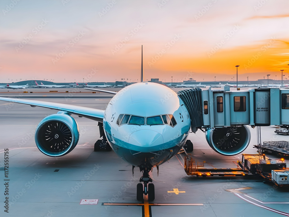 Fototapeta premium Airplane at Sunset, Realistic Image