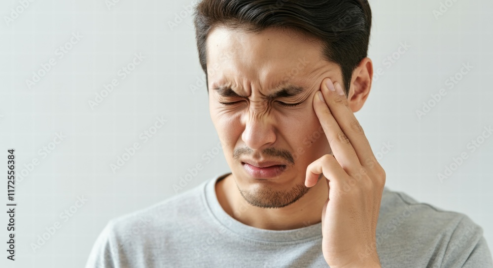 Young asian male with headache touching temple in discomfort Young asian male with headache touching temple in discomfort