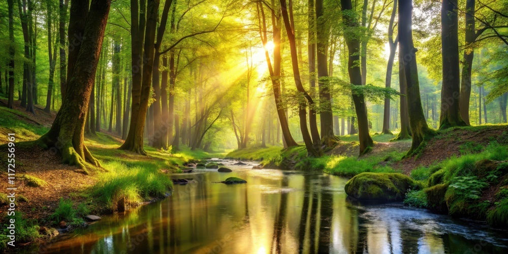 Obraz premium A serene forest landscape with towering trees, sunlight filtering through the leaves, and a winding stream running alongside