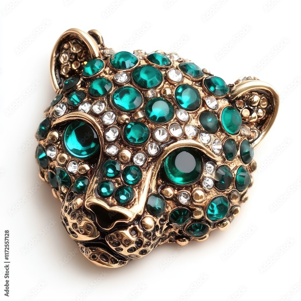 A decorative brooch shaped like a leopard's head, adorned with green and clear gemstones. A decorative brooch shaped like a leopard's head, adorned with green and clear gemstones.