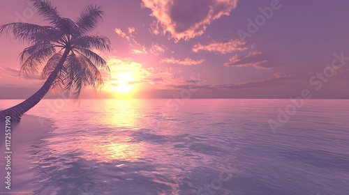 Tropical Sunset Serenity Palm Tree Silhouetted Against a Colorful Ocean Horizon