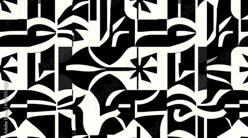 Fototapeta Naklejka Na Ścianę i Meble -  Abstract Geometric Black and White Pattern - A bold and graphic black and white abstract pattern with repeating geometric shapes and lines.