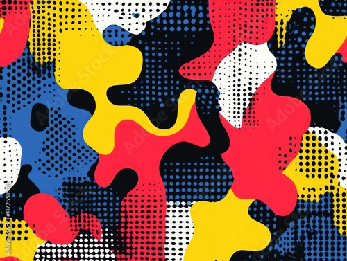 Abstract colorful camouflage pattern with red, yellow, blue, and white shapes on a black background.