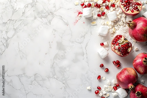 Pomegranates with Marshmallows on Marble Countertop photo