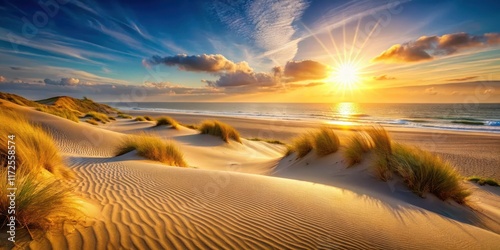 Fototapeta Naklejka Na Ścianę i Meble -  Warm golden light falls on soft fine beach sand as it glistens in the summer sun's gentle rays, sand, dunes,  sand, dunes, shore