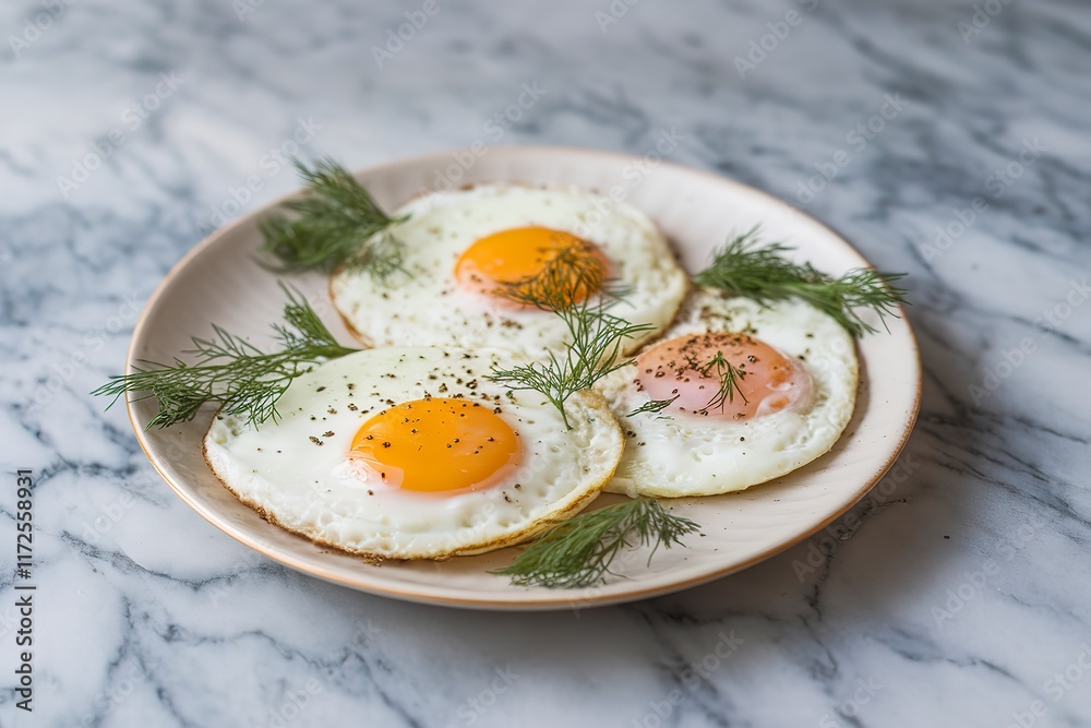 three fried eggs sprinkled with dill on a light plate three fried eggs sprinkled with dill on a light plate