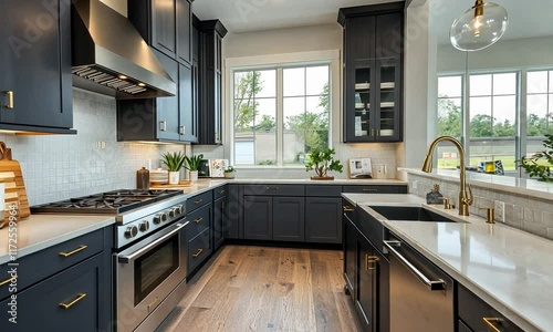 Modern kitchen with dark cabinetry, stainless steel appliances, and natural light.
