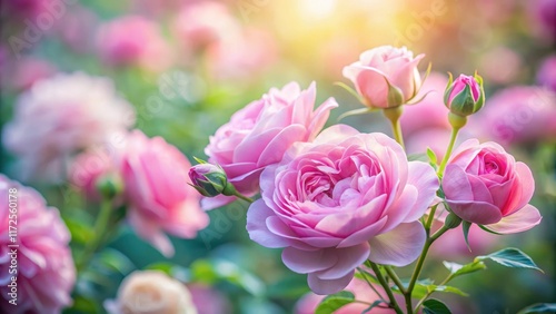 Soft focus pink roses against a blurred background, gentle petals unfolding