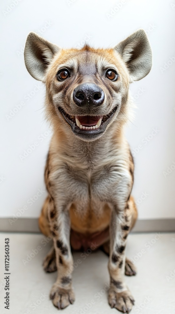 A smiling hyena sits upright, showcasing its playful and curious nature. A smiling hyena sits upright, showcasing its playful and curious nature.