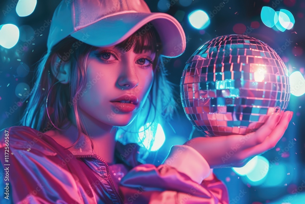 Fototapeta premium Young woman rocks 80s 90s style at disco party.
