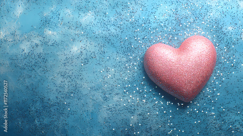 parkling Pink Heart on Glittery Blue Background