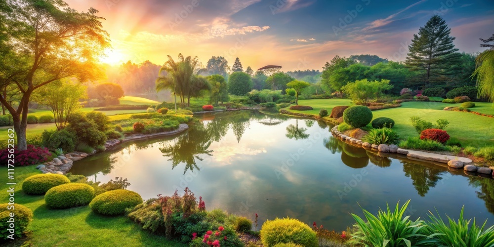 Obraz premium A serene landscape of a garden with a peaceful pond and lush greenery at dawn, foliage, scenery , foliage, scenery , trees