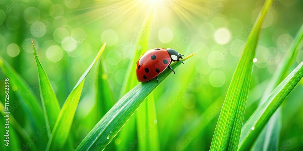 Obraz premium A solitary red ladybug perches on a lush green blade of grass in a serene natural setting, its distinctive black spots standing out against the vibrant foliage, green grass, isolated