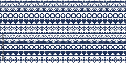 Ornamental pattern of blue horizontal lines. Lace, hearts, simple repeating pattern.