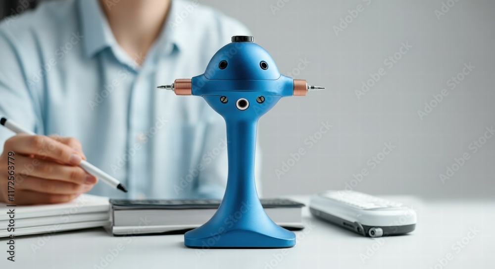 Innovative gyroscopic desk toy on office desk with businesswoman in background Innovative gyroscopic desk toy on office desk with businesswoman in background