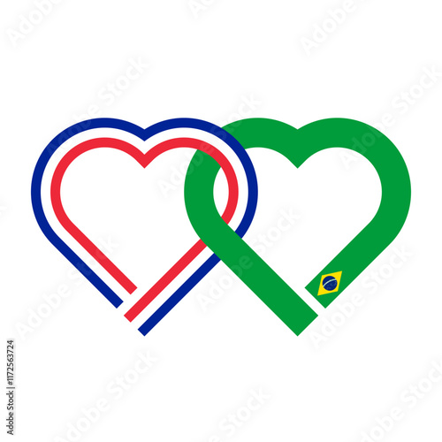 heart shaped ribbon of france and brazil flags intertwined. vector illustration isolated on white background