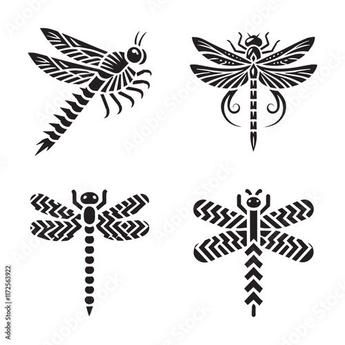 Detailed Silhouettes of Zigzag Dragonfly Elegantly Isolated on White Background in Monochrome