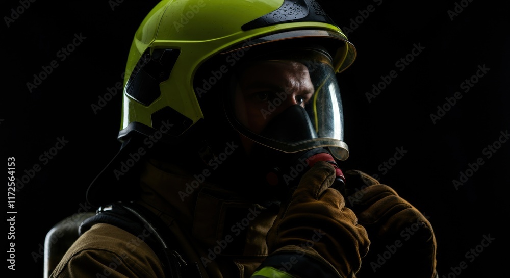 Male firefighter in protective gear with helmet and oxygen mask in low light Male firefighter in protective gear with helmet and oxygen mask in low light
