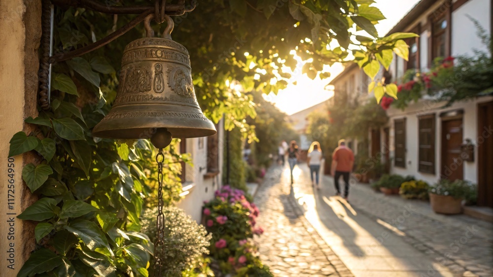 Obraz premium Sunlit Cobblestone Street Framed by Blooming Flowers and Nostalgia V3