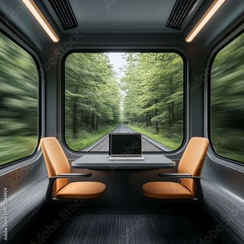 Modern workspace on a train with a scenic view of lush greenery, featuring a sleek desk setup and comfortable seating in a tranquil atmosphere