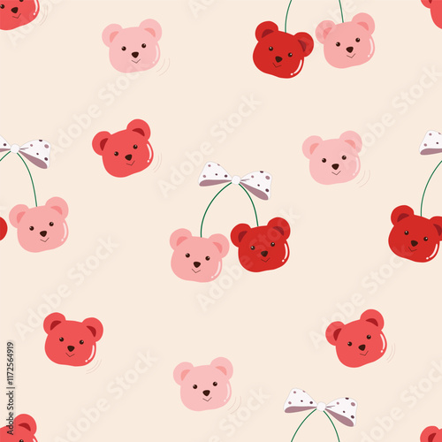 Bear cherry,Teddy Bear cherry,Red cherry white bow Seamless pattern, vector.