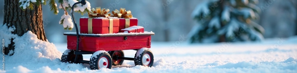 Christmas present filled red wagon in front of a snowy tree, frozen, white Christmas present filled red wagon in front of a snowy tree, frozen, white